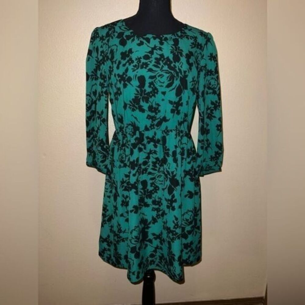 Fossil Sz M Green Black Floral 3/4 Sleeve Gold Zipper Mini Women Dress Flaw